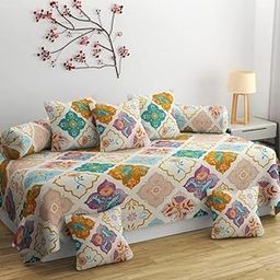 NHD HOME diwan Set for Living Room, diwan Set Covers Glace Cotton, diwan Set 8 Pieces (1 Single Bedsheet, 5 Cushion Covers, 2 Bolster Covers) (Color-Teal Beige) Traditional Print-10