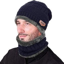 Winter Cap for Men, Women Warm Knitted Cap with Neck Gaiter Knitted Scarf, Warm Winter Cap Scarf Set Beanie Cap Neck Warmer Scarf Winter Cap and Neck Warmer (Navy Blue)-image-13