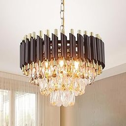 ADWAIT Modern Crystal Chandeliers Black Gold K9 Crystal 3 Tier Round Oval Crystal Chandelier Ceiling Light Fixture for Living Room and Hallway 400MM Black Gold-picture-20