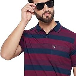 Men's Cotton Blend Half Sleeve Striper Polo Neck T-Shirt Has A Short Sleeve & Pocket On Chest-REMT3-MR_3XL Maroon-image-59