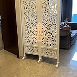 Wooden Room Divider Partition - Foldable Wood Screen Separator for Living Room, Bedroom, Office, Restaurant || Lotus Design (2 Panel with Stands, White)-picture-24