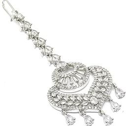 Maang Tikka for Women Beautiful AD/American Diamond Studded Rhodium Plated Crystal Maang Tikka for Women and Girls-12