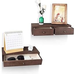 Floating Shelves With Drawers: Wood Wall Shelves/Cabinets For Storage And Exhibition; Doubles As A Bedside Or Nightstand Set Of 2 In Vintage- Brown (Brown), 15X40X10 Cm-image-15
