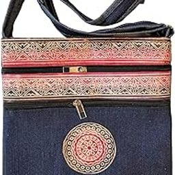 Pure Leather+Denim Hand Made Traditional Printed Sling for Women-image-32