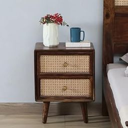 NOBLE ART Solid Wood Cane Bedside End Table Decorative Side Tables with 2 Drawer Storage for Bedroom Living Room Hotel (Provisional Teak)-17