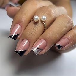 FWS Artificial Nails(Set Of 20)Press On Reusable Nails,FakeNails, BridalNails,Stick-On Nails,Manicure Art Set, Gel Stickers, Glue Extensions, Acrylics,Polygel False Nails,DesignerNails (Nude,Black Side French)-21