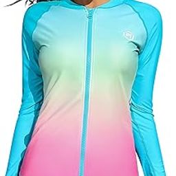 Women's UPF 50+ Front Zipper Sun Protection Swimsuit, Blue, pink, M-image-51