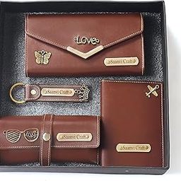 Personalized 4 in 1 Ladies Purse/Clutch, Passport Cover with Eye Wear Case, and Metal Keychain Combo - Unisex Combo Accessories, Customized Return Gifts, Birthday Gifts (Brown)-46