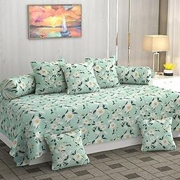 CHHILAKIYA Diwan Set 8 Pieces Pure Cotton Designer Printed Standard Diwan Set (1 Single Bedsheet, 2 Bolster Covers, 5 Cushion Covers) (Light Green)-image-54
