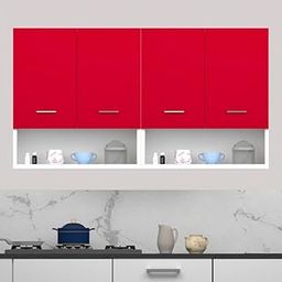 DIVYSA Multipurpose Use Modern Wall-Mounted Kitchen Cabinet with Doors, Open Shelf Design, and Dual Compartment Storage ? Ideal for ? Perfect for Modular Kitchen, Office, Color: White & Red-picture-16