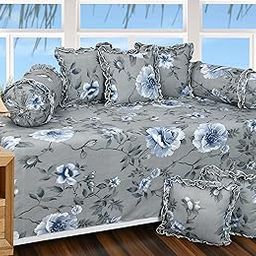 LCF | Deisgner Frill Decorative Printed Diwan Set (1 Diwan Flat Sheet, 2 Designer Frill Decorative Bolster Covers, 5 Designer Frill Decorative Cushion Covers) (Grey Blue)-image-35