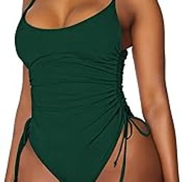 Women's Ruched High Cut One Piece Swimsuit Tummy Control Bathing Suit Monokini, Blackish Dark Green, Medium-image-3
