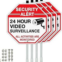 Faittoo Security Sign Video Surveillance Sign with 36" Stake for Outside, 4-Pack 12"x12" Rust Free Heavy Aluminum, Reflective, Fade Resistant, 2 pre-drilled holes, Includes Matching Screws & Wrench,-image-26