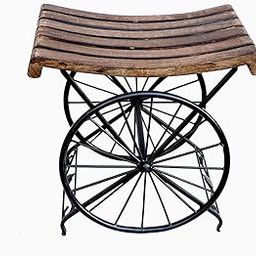 Wooden Art Gallery Wrought Iron Base Sitting Stool Bedside Table Iron Wheel Base Wooden Top Black and Brown Antique Wheel Side End Table for Living Room/Bedroom (Walnut Black, 15 X 10 X 15 in)-image-51