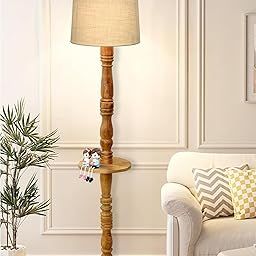 Homesake®Rustic Wood Floor Lamp in Walnut Brown with Multicolor Fabric Lamp Shade | Light for Home Corner | Living Room & Bedroom Bedside Floor Lamp, Antique Floor Light, Tray End Table, Off-White-image-36