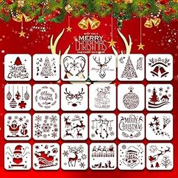 24Pack Christmas Stencils Templates, 6inch Reusable Plastic Craft Drawing Painting Template, Xmas Stencils for Greeting Cards, Albums,Scrapbook, Notebook, Journal, Wall Art Wood, Face Cookie Decor-21