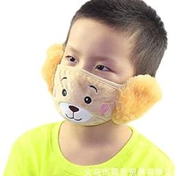 FabNext-Face Protection Cover Cute Mask With Earmuffs Anti-dust Unique Fluffy Cartoon Woolen Mask 2 in 1 for Boys & Girls Beige Colour-77