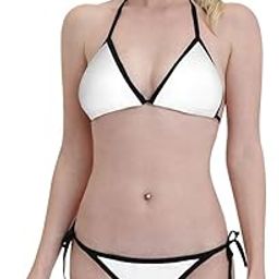 Women's Two-Piece Triangle Bikini Set with Contrast Trim, Self Tie Spaghetti Strap Swimsuit Bikini, Side-Tie Bottom, Black and White-picture-17
