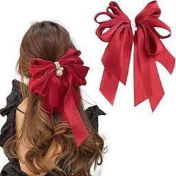 RedChimes Korean Red Large Hair Silky Pearl Bow Tassel Clips with Strong Metal Fancy Barrettes Clip Large Vintage Bowknot Hair Accessories For Women and Girls (Pack of 1)-21