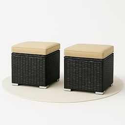 MJA FURNITURE Outdoor Patio Ottoman Set with Cushions, 2-Piece Wicker Footstools, Black Rattan with Beige Removable Cushions, 39x39x35.5 cm (2)-image-82