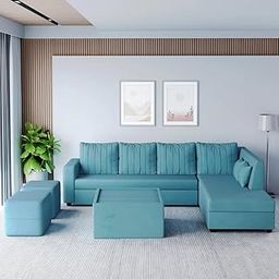 FURNY Stolastor 8-Seater Fabric RHS L Shape Sofa Set with 1 Centre Table & 2 Puffy - (Sky Blue)-image-9