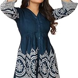 Women's Cotton Embroidered Tunic with V Neck 3/4 Sleeves Button Closure Short Dresses-image-45