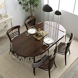 Clasiko Polyvinyl Chloride 4 Seater Oval Dining Table Cover; 54X78 Inches Or 137X198 Cms; Material - Pvc; Anti Slip; Silver Tipping Lace-24