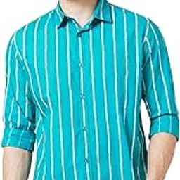 Men Teal Green Poplin Regular Slim Fit Full Sleeve Striped Shirt-picture-0