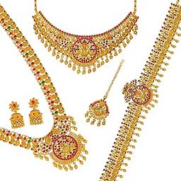 Gold-Plated Bridal Jewelry Set Traditional Temple Lakshmi Design Necklace, Earrings, Maang Tikka & Vaddanam 17296-image-8