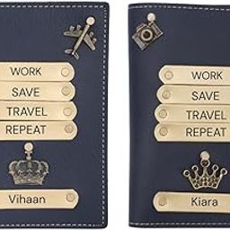 Personalized Leather Name with Charm Couple Passport Cover | Customized Gift Combo for Boyfriend Girlfriend Friend Husband Wife Father & Mother (Blue)-image-16