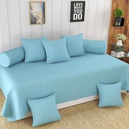 AASHIYANA SAJONA Aqua Blue Stripped Diwan Set of 8 Pc (Set of 8 Pc, 1 Single Bed Sheet 60x90 Inch, 2 Bolster Covers 16x32 Inch, 5 Cushion Covers 16x16 Inch)-image-22