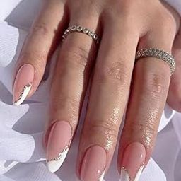 HAPPY FINGERS Artificial Nails - Pack of 24 Almond Shape Press-On With White French And Golden Line| Nails for Women & Girls | Reusable, Pre-Designed | Perfect Decorative Bridal Fake Nails for Girls (Pearl Frost)-12