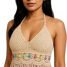 Crochet Halter Crop Top in Beige Cotton with Colorful Pom-Pom Trim and Boho Fringe Detailing – Festival and Summer Beachwear-image-24