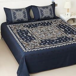 Story@Home Bedsheet for King Size Bed Ethnic Motifs 300TC Satin Finish with 2 Pillow Covers, 250 cm X 270 cm, Dark Blue & Beige, Ethnic | Double Bed Bedsheet | Perfect for Home Decor-image-70