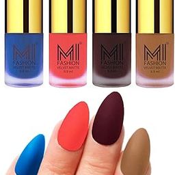 MI FASHION Highly Pigmented Velvet Matte Nail Paint Set Effortless Matte Top Color 9.9ml Navy Blue, Neon Orange, Wine, Dark Nude (Pack Of-4)-83