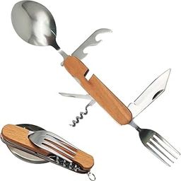 Proberos® 6-in-1 Camping Cutlery Set with Wood Handle, All-in-One Stainless Steel Camping Knife, Portable Folding Cutlery for Outdoor Hiking Picnic-17
