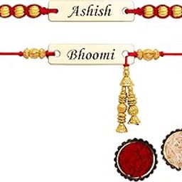 Personalized Couple Rakhi Set for Bhai and Bhabhi with Gold Nameplate Adjustable Red & Blue Thread Variants Raksha Bandhan Gift Set with Kumkum & Rice-image-73