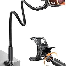 SAIJI Tabletop Cell Phone Holder, Flexible Long Arm Gooseneck Mount Stand, 360 Adjustable Ball Head Lazy Bracket Clamp for iPhone 11 Pro Max XR SE 8 Plus, Overall Length 37.4In (Black)-0