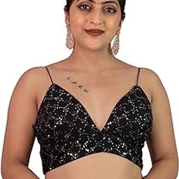 Women's Sequin Waves Embroidered Deep V Neck Spaghetti Style Sleeveless Designer Readymade Padded Saree Blouse Ethnic Wear Fancy Bridal Wedding Rani Pink Gold Black Silver | E15-image-45
