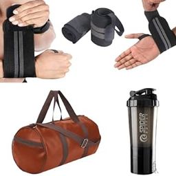 TRUE INDIAN Combo Pack of 3 Gym Shaker Bottle with Gym Bag and Wrist Band|| Shaker Bottle 500 ml ||Gym Duffel Bag for Fitness | Shoulder Gym Bags||Wrist Support Gym Men And Women (Tan & Black)-33