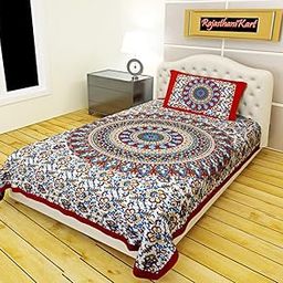 RajasthaniKart® Comfort Rajasthani Jaipuri Traditional Sanganeri Print 144 TC 100% Cotton Single Bedsheet with 1 Pillow Covers (Single, Red)-image-31