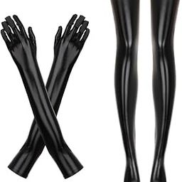 Women's Wet Look Costume Set, Elastic Spandex Shiny Wet Long Gloves and Thigh High Stockings, Patent Leather Women Costume Kit, Women's Shiny Long Gloves, Thigh Knee Socks, Women's Halloween Costume-image-57
