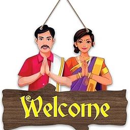 DIYANSH ENTERPRISES Traditional Indian Welcome Wall Hanging | MDF Wooden Home Entry Decor with Namaste Couple | South Indian Style Welcome Board-0