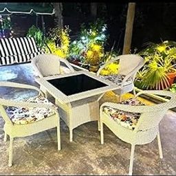Tiranga India Outdoor D-8 Chairs Table Set 4+1 Wicker Patio Furniture Sets 4 Chair and 1 Table with Cushions for Garden Balcony Bedroom Powder Coated Frame Uv Protected Wicker (Off White)-image-29