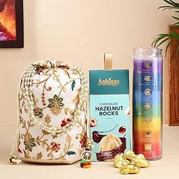 FlowerAura Designer Handcrafted Golden Embroidered Pearl Potli Bag With Hazelnut Rocks & Glass Candle For Diwali Gift, Karwa Chauth Gift, Gift for Wife, Sister, Mother, Friends, Colleagues, Girlfriend-image-21