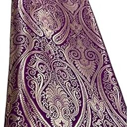 Luxury Damask Banarasi Silk Brocade Fabric, Purple and Gold Paisley Pattern, Decorative Upholstery Material,Golden Zari Brocade, Purple (3 Meter)-image-9
