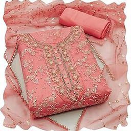 manvaa Women'S Peach Unstitched Designer Sequence And Hand Work Work With Heavy Embrodiered Dupatta Work Pure Organza Dress Material (MSMFC11304D)-picture-17