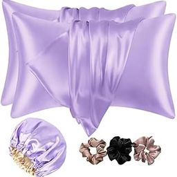 Biर बानी Satin Bonnet for Curly Hair with Free Pillow Covers and Scrunchies | Silk Bonnet for Hair|Best Gift Combo of Pack of 2 Satin Pillowcases with 3 Silk Scrunchies HairCap (lavender, One Size)-image-31