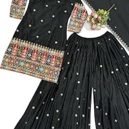 Women's Black Heavy Chinon Silk Anarkali Dress with Embroidered Border, Long Sleeves, Floral Sequin Details-picture-4