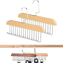 MosQuick® 2 Pcs Tie Hanger with 8 Hanger Hooks Hangers for Clothes Hanging Scarf Bra Organiser Wooden Hangers for Wardrobe Multipurpose Cloth Hanger Belt Hangers for Wardrobe Cupboard Organizer Brown-10